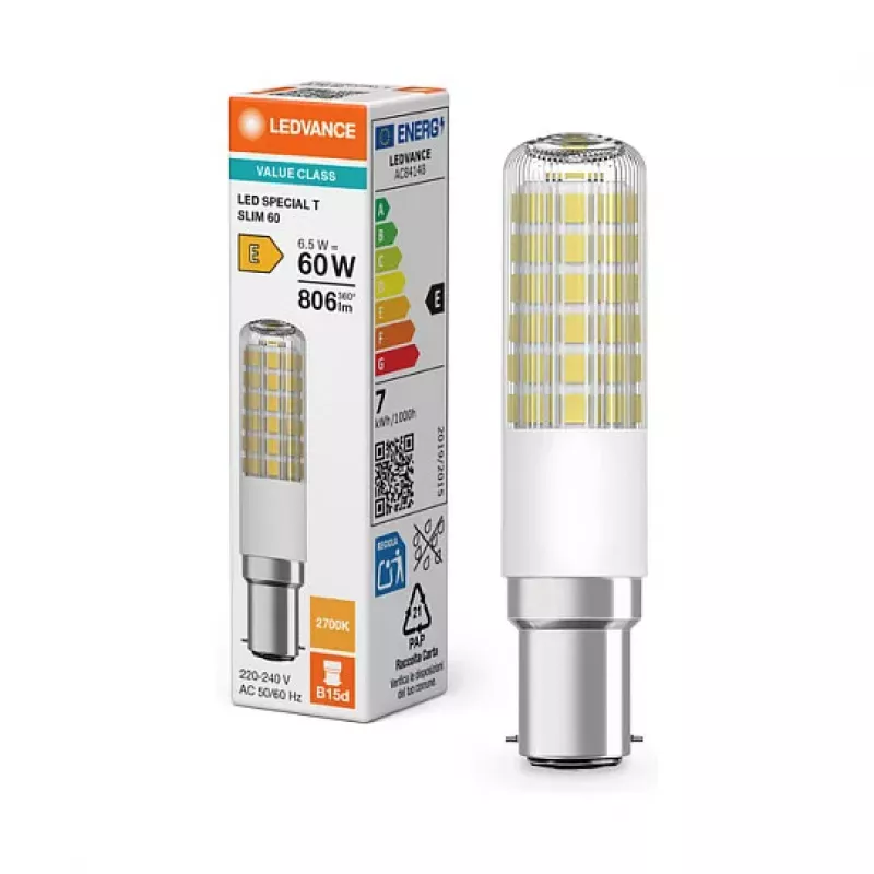 OSRAM LED SPECIAL T 6,5W 827 Clear B15d vamzdinė LED lempa, 806 lm, 2700 K, šilta balta, nereguliuojamo ryškumo, 2 vnt. pakuotė