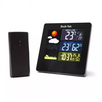 Bodi-Tek BT-HGWS-EU/1,2 Skaitmeninė orų stotelė su belaidžiu lauko jutikliu, LCD ekranu, orų prognoze, mėnulio faze, žadintuvu, apšvietimu