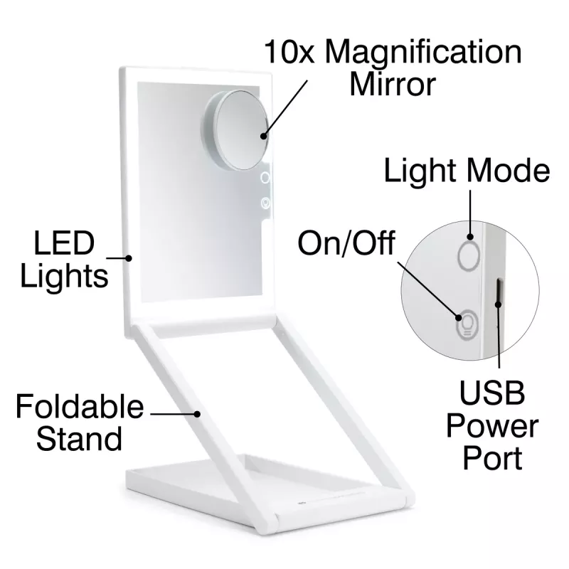 RIO MMAW-EU/1,0 Home and Away Dressing Table Make Up Mirror – Dvipusis LED veidrodis su padidinimu 1x/5x, sulankstomas, baltas