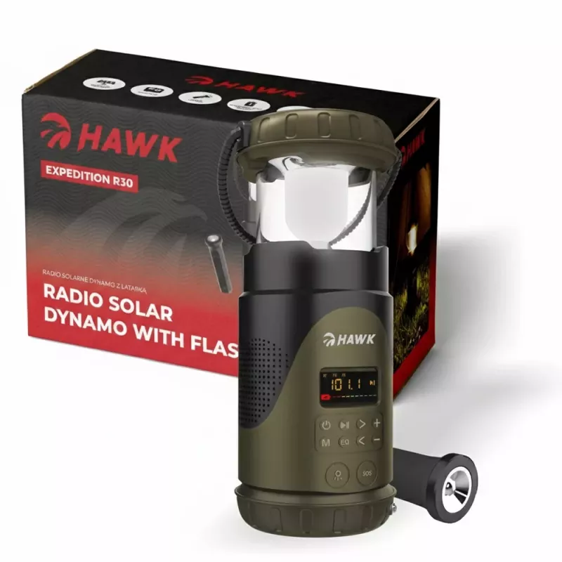 Hawk HWRDI430GN Radijas su saulės baterija, dinaminiu krautuvu ir žibintuvėliu