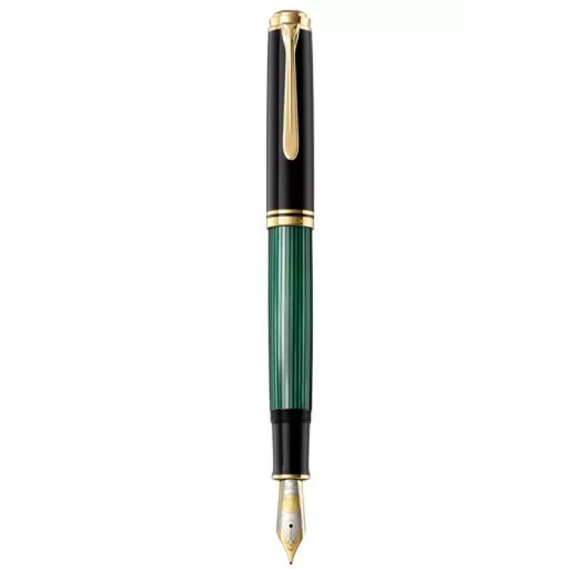 Pelikan Souverän M1000 plunksninis rašiklis, juodas, aukso apdaila, žalias rašalo langelis, stambus antgalis, integruotas stūmoklinis pildymas, tinka kairiarankiams ir dešiniarankiams, pagamintas Vokietijoje