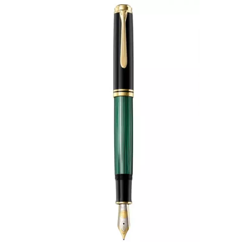 Pelikan Souverän M1000 plunksninis rašiklis, juodas, aukso apdaila, žalias rašalo langelis, stambus antgalis, integruotas stūmoklinis pildymas, tinka kairiarankiams ir dešiniarankiams, pagamintas Vokietijoje
