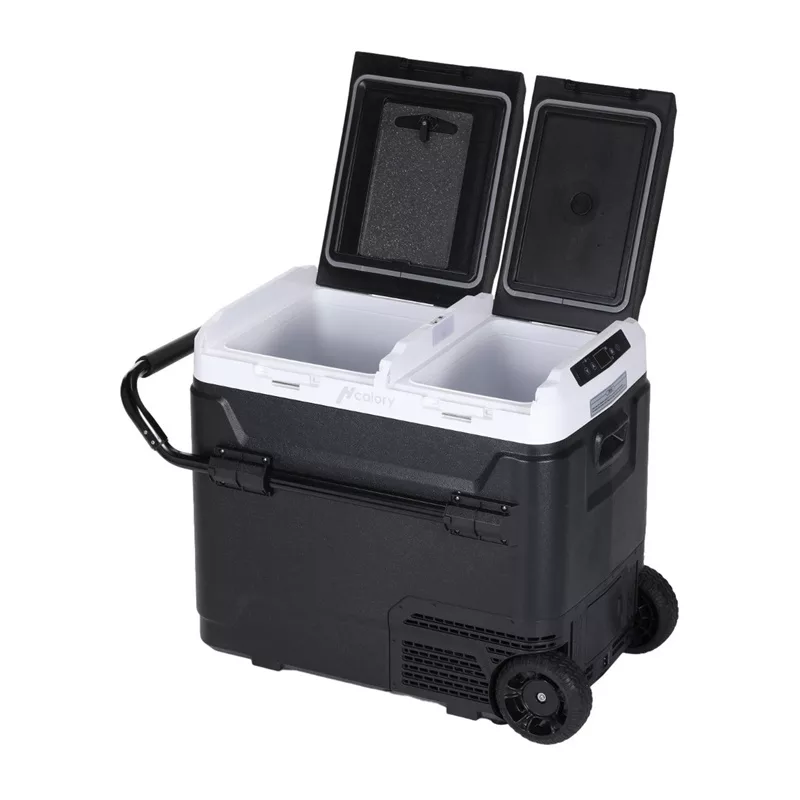 HCALORY P50M+ automobilinis šaldytuvas su Bluetooth, 50L, -20°C iki +20°C, DC 12/24V ir AC 100-240V, 60W, R134a, LCD ekranas, programėlės valdymas, akumuliatoriaus apsauga, ratukai, ištraukiama rankena, LED lemputė, USB prievadas, CE/RoHS/FCC