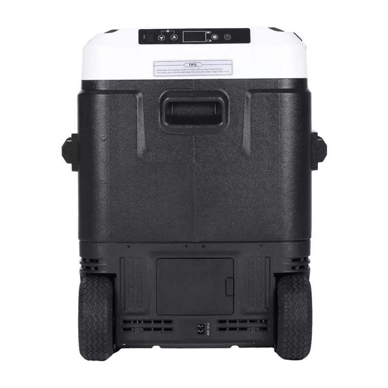 HCALORY P50M+ automobilinis šaldytuvas su Bluetooth, 50L, -20°C iki +20°C, DC 12/24V ir AC 100-240V, 60W, R134a, LCD ekranas, programėlės valdymas, akumuliatoriaus apsauga, ratukai, ištraukiama rankena, LED lemputė, USB prievadas, CE/RoHS/FCC