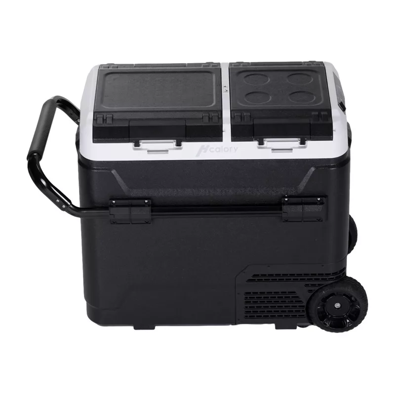 HCALORY P50M+ automobilinis šaldytuvas su Bluetooth, 50L, -20°C iki +20°C, DC 12/24V ir AC 100-240V, 60W, R134a, LCD ekranas, programėlės valdymas, akumuliatoriaus apsauga, ratukai, ištraukiama rankena, LED lemputė, USB prievadas, CE/RoHS/FCC