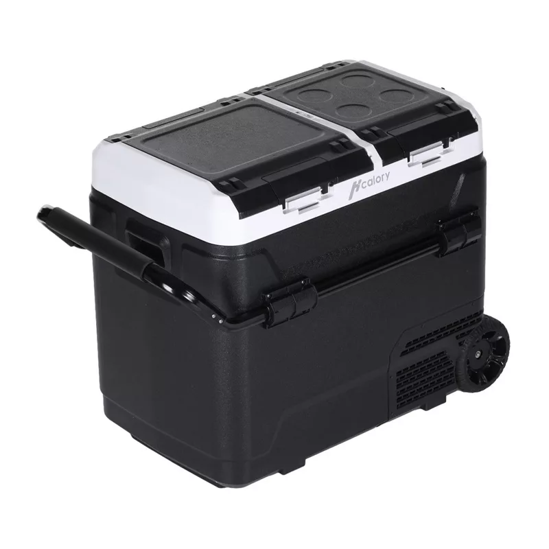 HCALORY P50M+ automobilinis šaldytuvas su Bluetooth, 50L, -20°C iki +20°C, DC 12/24V ir AC 100-240V, 60W, R134a, LCD ekranas, programėlės valdymas, akumuliatoriaus apsauga, ratukai, ištraukiama rankena, LED lemputė, USB prievadas, CE/RoHS/FCC