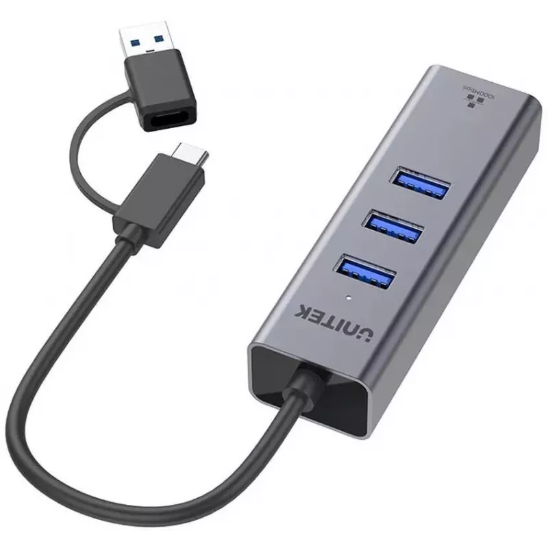 UNITEK USB-C Hub 4-in-1 Ethernet 3 x USB-A 5 Gbps su USB-A adapteriu