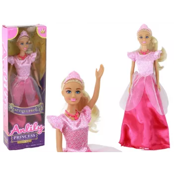 LEAN TOYS vaikiška lėlė Anlily princesė su ilgais šviesiais plaukais, tiara ir rožine suknele