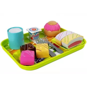 LEAN TOYS Set Eating Dessert Cake with Tray - 8 dalių porceliano ir nerūdijančio plieno serviravimo rinkinys