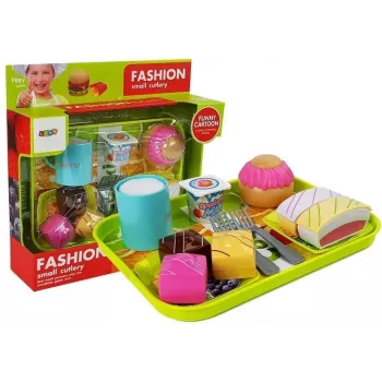 LEAN TOYS Set Eating Dessert Cake with Tray - 8 dalių porceliano ir nerūdijančio plieno serviravimo rinkinys