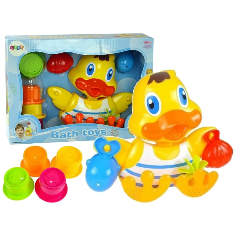 LEAN TOYS Duckie Bathing Set Cups - 3 sukraunami puodeliai ir čiulpiantis ančiukas voniai