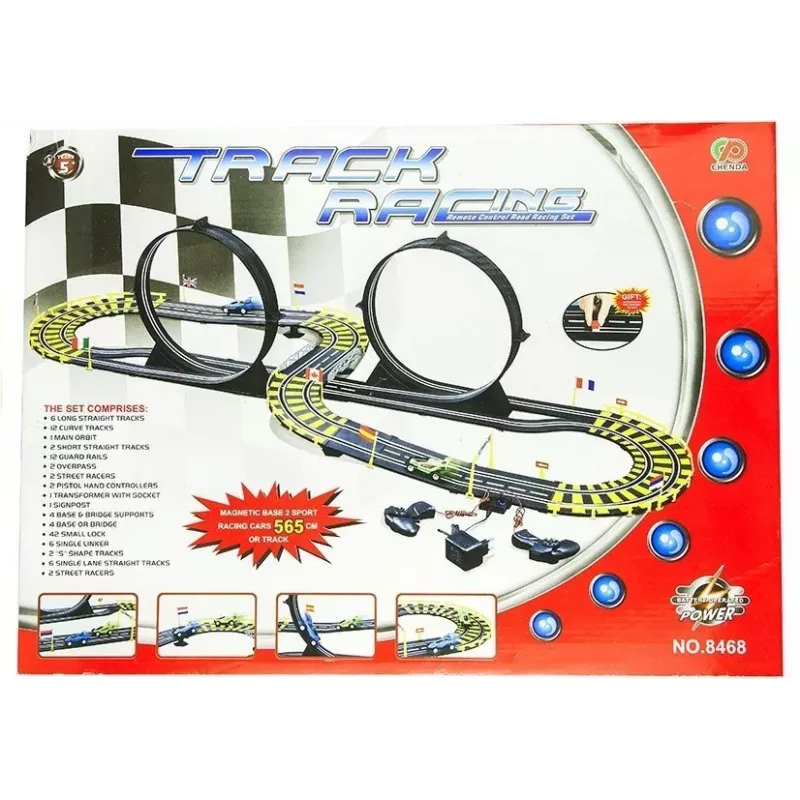 LEAN TOYS Car Track Racing Two Cars Loops Power Supply 565 cm