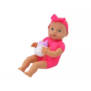 LEAN TOYS Baby Doll su rožiniais drabužėliais, galvos juostele ir maitinimo aksesuarais