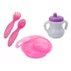 LEAN TOYS Baby Doll su rožiniais drabužėliais, galvos juostele ir maitinimo aksesuarais