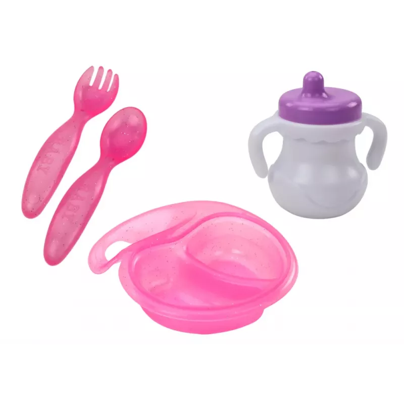LEAN TOYS Baby Doll su rožiniais drabužėliais, galvos juostele ir maitinimo aksesuarais