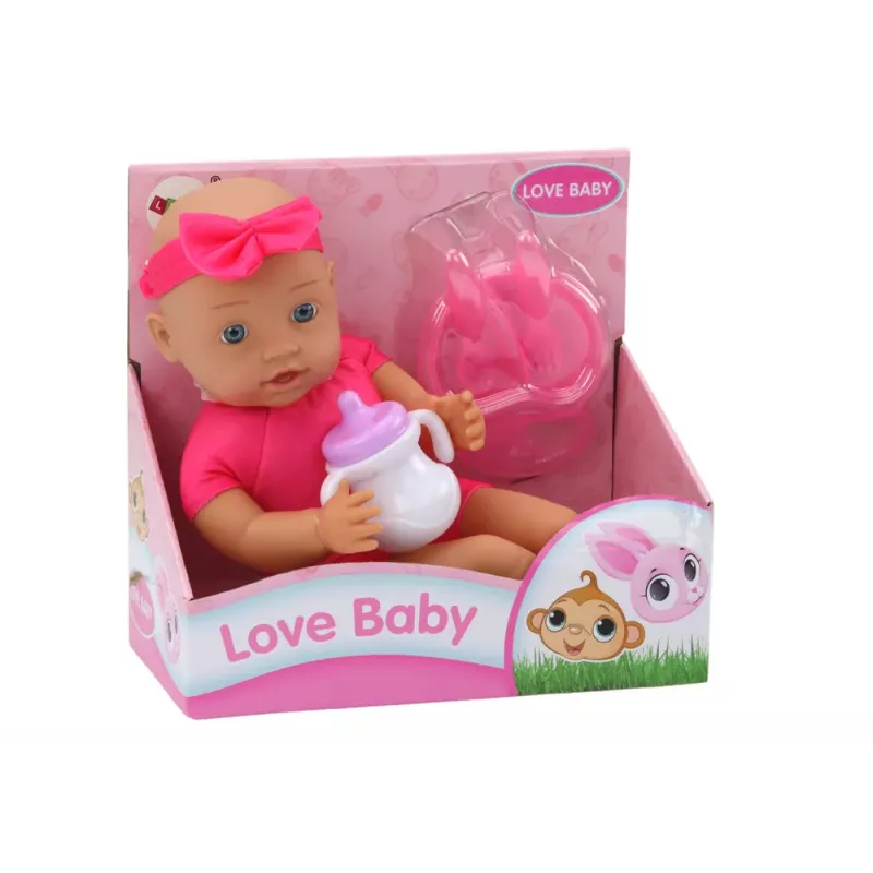 LEAN TOYS Baby Doll su rožiniais drabužėliais, galvos juostele ir maitinimo aksesuarais