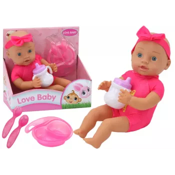 LEAN TOYS Baby Doll su rožiniais drabužėliais, galvos juostele ir maitinimo aksesuarais