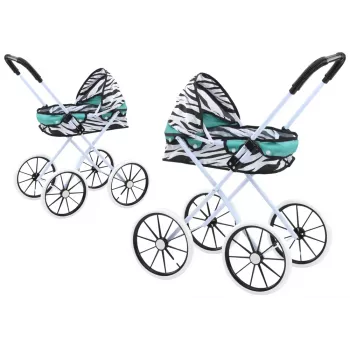 LEAN TOYS Vežimėlis lėlėms su dideliais ratais, sulankstomas, Zebra Turquoise