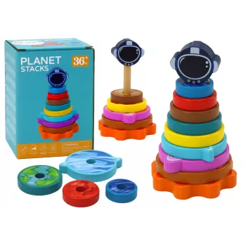 LEAN TOYS Pyramid Sorter Wooden Pyramid Puzzle Planets Space 10 Pieces