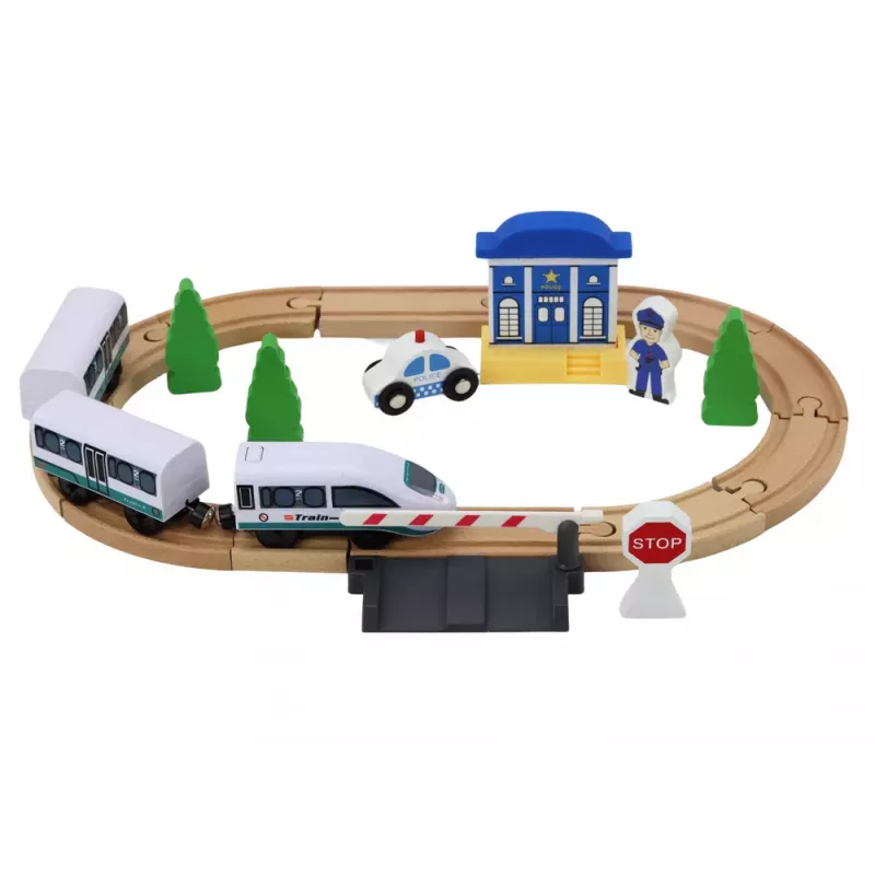 LEAN TOYS Wooden Railway Track Train Set su Policijos Stotimi ir Tiltu 3.2m 75 dalių