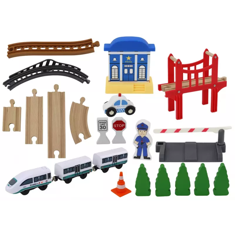 LEAN TOYS Wooden Railway Track Train Set su Policijos Stotimi ir Tiltu 3.2m 75 dalių