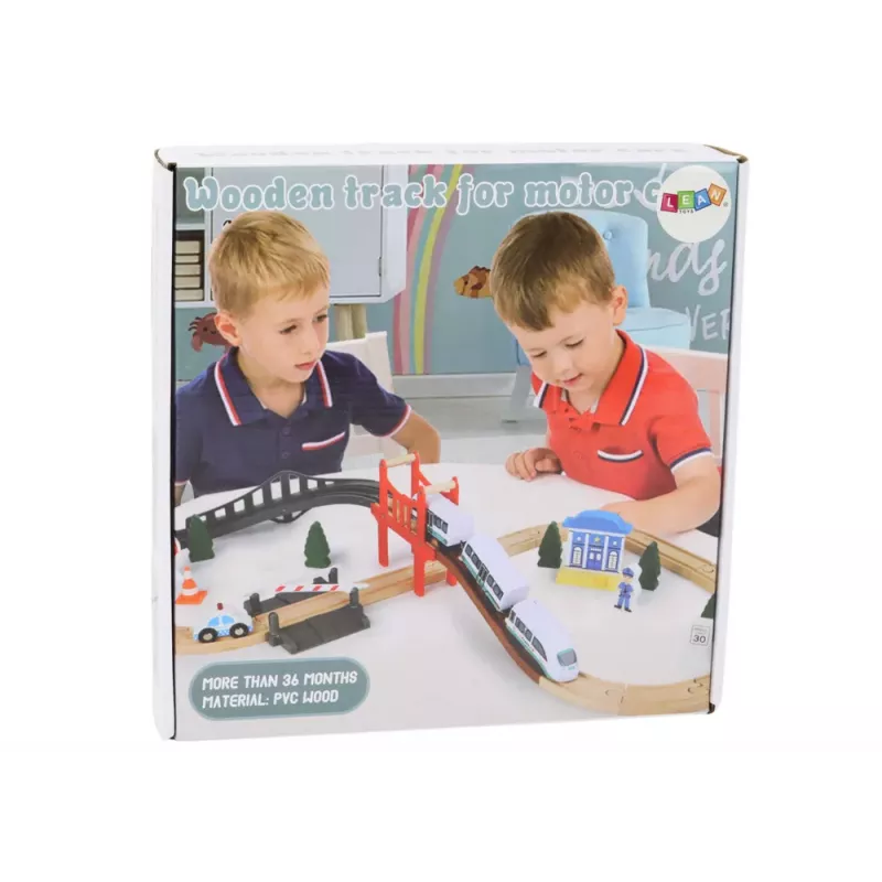 LEAN TOYS Wooden Railway Track Train Set su Policijos Stotimi ir Tiltu 3.2m 75 dalių