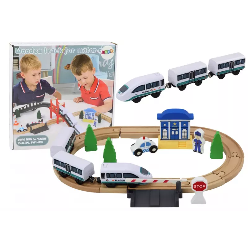 LEAN TOYS Wooden Railway Track Train Set su Policijos Stotimi ir Tiltu 3.2m 75 dalių