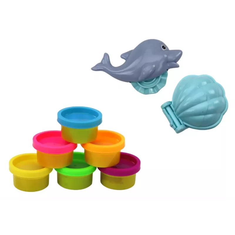LEAN TOYS Dinosaur Playdough rinkinys 6 spalvų su delfino ir jūros kriauklės formelėmis