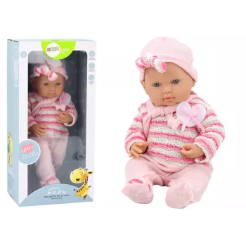 LEAN TOYS Baby Doll su dryžuotu megztiniu, kepure, šaliku, rožinė