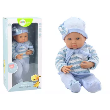 LEAN TOYS Kūdikio lėlė su dryžuotu megztiniu, kepure ir mėlynu šaliku – 42 cm