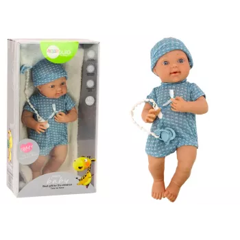 LEAN TOYS Kūdikio lėlė su mėlynais drabužiais, kepuraite, čiulptuku ir antklode 35 cm