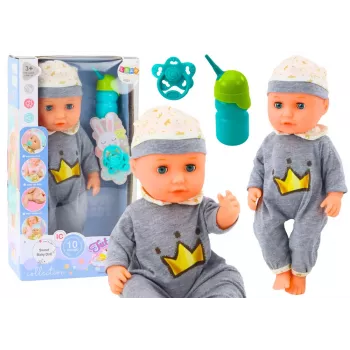 LEAN TOYS Baby Doll In Gray Pajamas Peeing Bottle Pacifier Sounds