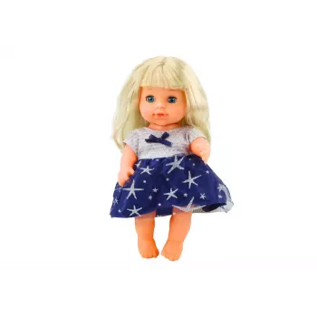 LEAN TOYS Lėlė su mėlyna suknele, šlapinimosi, buteliuko ir barškutės garsais