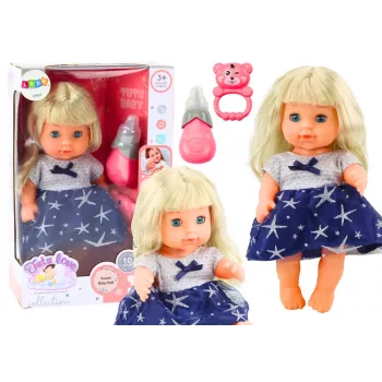 LEAN TOYS Lėlė su mėlyna suknele, šlapinimosi, buteliuko ir barškutės garsais