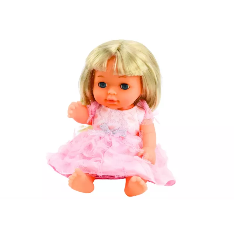 LEAN TOYS Lėlė šviesiai rožine suknele su šlapinimosi funkcija, buteliuku ir barškučiu