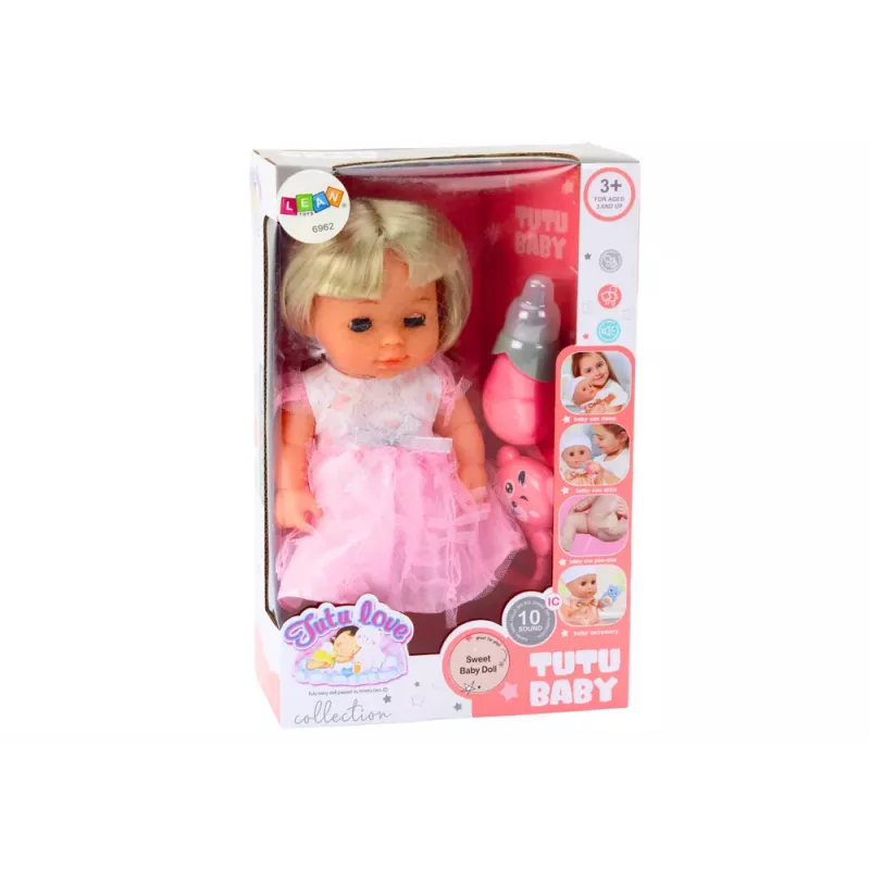 LEAN TOYS Lėlė šviesiai rožine suknele su šlapinimosi funkcija, buteliuku ir barškučiu
