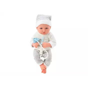 LEAN TOYS Baby Doll in White and Gray Striped Clothes, Hat, Pacifier, Quilt