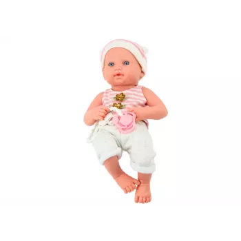 LEAN TOYS Kūdikio lėlė baltais ir rožiniais drabužėliais, kepuraite, čiulptuku ir antklodėle