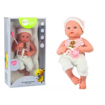 LEAN TOYS Kūdikio lėlė baltais ir rožiniais drabužėliais, kepuraite, čiulptuku ir antklodėle
