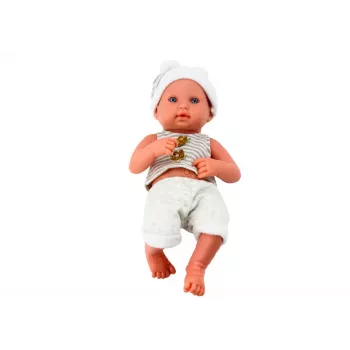 LEAN TOYS Baby Doll baltais ir pilkais drabužiais, kepure, čiulptuku ir antklode
