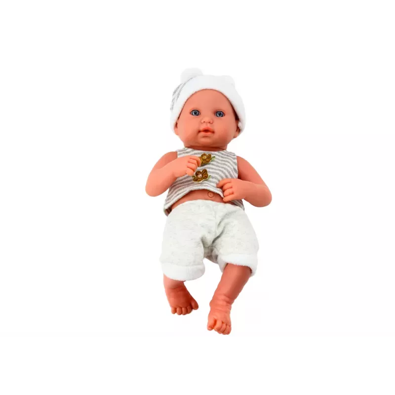 LEAN TOYS Baby Doll baltais ir pilkais drabužiais, kepure, čiulptuku ir antklode
