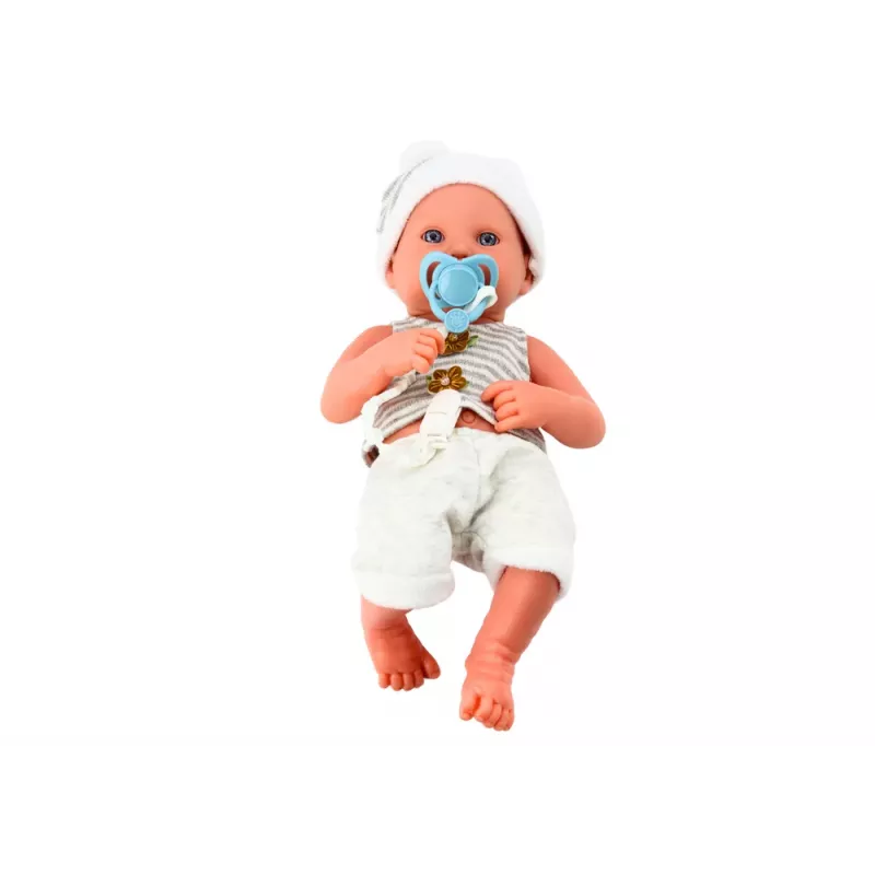 LEAN TOYS Baby Doll baltais ir pilkais drabužiais, kepure, čiulptuku ir antklode