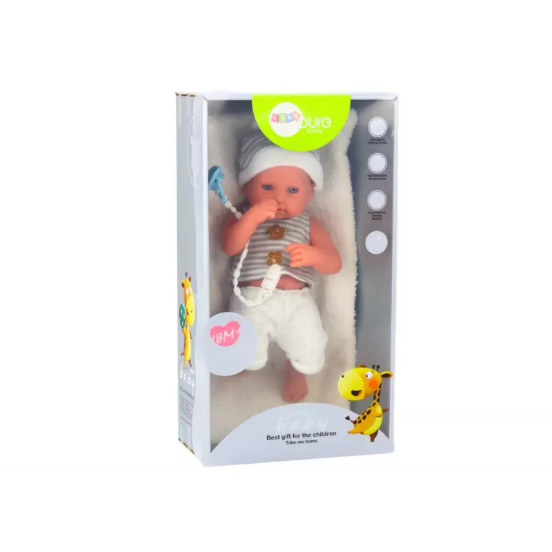 LEAN TOYS Baby Doll baltais ir pilkais drabužiais, kepure, čiulptuku ir antklode