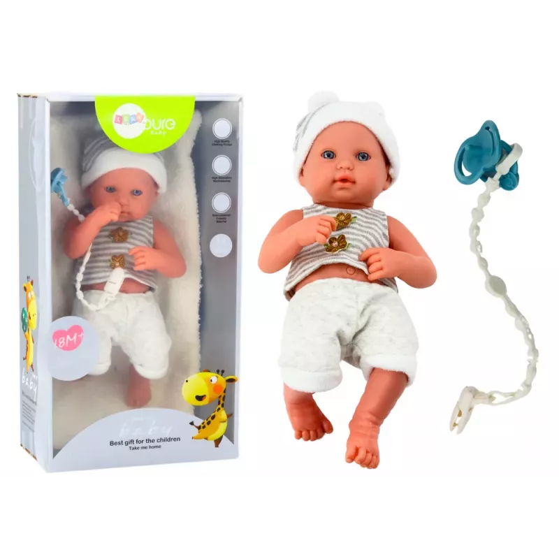 LEAN TOYS Baby Doll baltais ir pilkais drabužiais, kepure, čiulptuku ir antklode