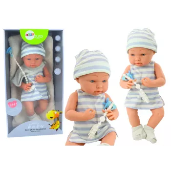 LEAN TOYS Baby Doll in Blue and White Clothes, Hat, Pacifier, Bib, Quilt