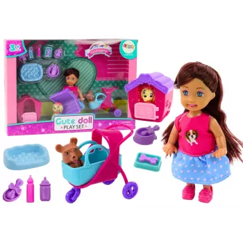 LEAN TOYS Lėlė su šunimis Šunų lėlė Namelis Priedai Rožinė Puppy 16 vnt.