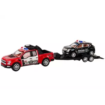 LEAN TOYS Policijos visureigis su vilkiku-puspriekabe ir bekelės automobiliu policijos rinkinys