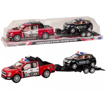 LEAN TOYS Policijos visureigis su vilkiku-puspriekabe ir bekelės automobiliu policijos rinkinys