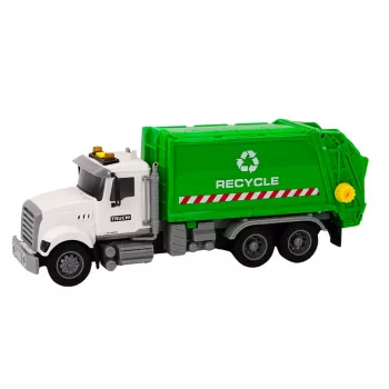 LEAN TOYS Šiukšliavežis su šiukšliadėžėmis, šviesomis, garsais, inercine pavara, baltas ir žalias