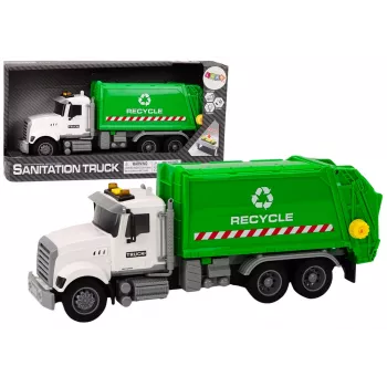 LEAN TOYS Šiukšliavežis su šiukšliadėžėmis, šviesomis, garsais, inercine pavara, baltas ir žalias